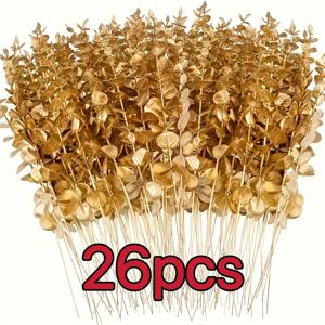 TEMU 26개 골든 유칼립투스 줄기 | 인조 잎, 길이 38cm/14.96인치, 크리스마스 및 발렌타인데이 장식에 이상적, 가정용 꽃병 및 웨딩 소품에 적합, 플라스틱 재질, 꽃병 미포함