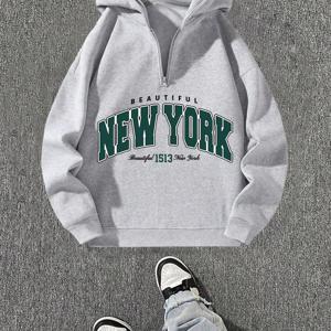 TEMU 남성용 캐주얼 지퍼업 후드티 1개 - 단색, 레귤러 핏, 세탁기 사용 가능, 봄/가을 전환 sezon 의류, 출퇴근 및 일상복으로 적합, 리벳 커프스 하프 지퍼 후드 스웨트셔츠