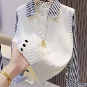 TEMU 여성용 일본 한국 스타일 모크 투피스 조끼 셔츠 재킷 - 칼라 긴팔 , 화이트 & 블루 수평 , 사무실, 캐주얼 또는 레이어드 의상용 구조화 겨울 코트 (손세탁 가능)