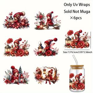 TEMU 6개 크리스마스 테마 PVC UV DTF 전사 스티커 - 축제 분위기의 꽃 & 랜턴 디자인, 유리제품, 스테인리스 스틸 보온병 컵, 머그컵, 냉장고용 내구성 좋은 비닐 접착제 - 장식용, 광택 마감, 자가 접착, 일회용