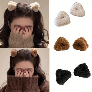 TEMU 6개 세트 귀여운 곰 귀 머리핀 - 플러시 소프트 미니 귀 머리핀, 카와이 동물 테마 헤어핀 (베이지/브라운/블랙), 겨울용 포니테일 & 번 클립, 파티, 데일리 사용 (미끄럼 방지)