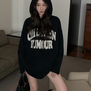 TEMU 여성용 오버사이즈 후드 스웨터 - 오버사이즈 H라인 겨울 스웨터, 한국어 텍스트 레터 프린트, 소프트 그레이 풀오버 후디, 캐주얼, 출퇴근, 데이트용, 세탁기 사용 가능한 가을/겨울 스웨터 코트