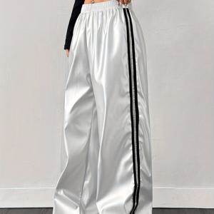 TEMU 여성용 와이드 레그 트라우저 - 사이드 스트라이프가 있는 우아한 바지, 콘서트, 파티, 일상복에 적합한 비침 방지 원단 - 가을/겨울 포멀 & 캐주얼 바지, 파티 복장, 스타일리시한 하의, 패션 애호가