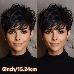 TEMU 여성 브라질인 모발 가발 - 자연스러운 블랙 숏 피시 컷, 150% 밀도, 초박형 로즈 네트 캡으로 안정적인 착용감, 리얼한 볼륨 & 풍성함, 숏 헤어 가발, 이벤트 헤어피스, 고밀도 헤어피스, 여성용 헤어피스