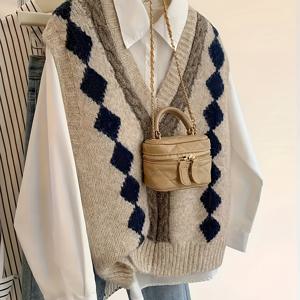 TEMU 여성 빈티지 프렌치 시크 V넥 스웨터 조끼 - 기하학적 패턴의 우아한 레이어링, 부드럽고 포근한 가을/겨울 스웨터, 캐주얼 또는 포멀룩, 다재다능한 패션, 클래식 디자인, 스타일리시 탑, 패션 애호가