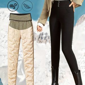 TEMU 여성용 블랙 슬림핏 고ose 다운 팬츠, 하이웨이스트 및 두꺼운 겨울용, 탄성 허리 밴드, 사이드 포켓, 세 개의 장식용 메탈 버튼이 특징입니다. 겨울철 어머니를 위한 필수 방한 레깅스입니다.|냉장고바지|바지|여름바지