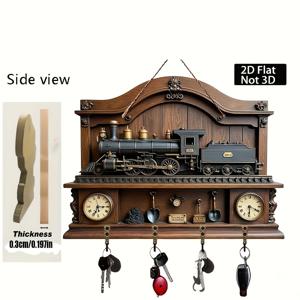 TEMU 2D 평면 트레인, 네 개의 금속 후크 포함, 현관, 방, 빌라에 적합. 11.81인치 x 9.06인치 다기능 홈 데코 나무 키홀더, 2D 평면, 2D 플랫