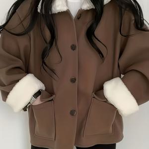 TEMU 여성용 페티트 프렌들리 숏 겨울 자켓 - 브라운 & 화이트 칼라, 스퀘어 자켓 가슴 포켓, 핸드워시 가능 아우터 코트, 소프트 프레임용, 캐주얼 & 포멀 오케이션 (가을/겨울) - 논스트레치 웜