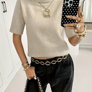 TEMU 여성용 솔리드 컬러 하이넥 반팔 스웨터 - 부드러운 미디엄 탄력 겨울 튜닉, 캐주얼 솔리드 컬러 블라우스 - 가을/겨울 레이어링 가능 (손세탁 가능) - 데이 & 나이트 다용도 아웃핏|반팔니트