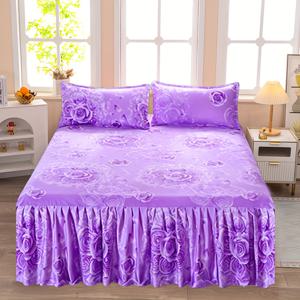 TEMU 1개 우아한 레이스 주름 & 보라색 프린트 침대 스커트 - 라이트 베이지 친화적 통기성 침대보, 싱글/더블 침대용, 코너 스트랩 미끄럼 방지 디자인, 대부분의 매트리스에 적합 (베개커버 미포함)