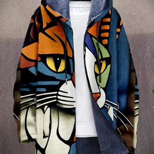 TEMU 남성용 추상 고양이 디자인 3D 프린트 플러시 두꺼운 겨울 코트 - 풀 지퍼 후드 재킷, 풀 지퍼 클로저, 긴소매 캐주얼 아우터 (오렌지색/, 겨울 코트)