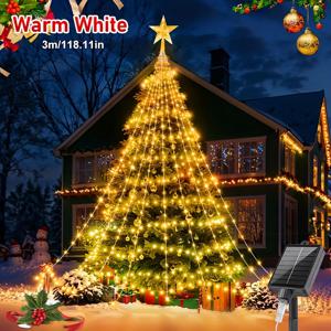 TEMU 280/200 LED 펜타그램 폭포 조명, 태양광 야외 캠핑 조명, 8가지 모드 야외 조명 스트링, 리모컨 포함, 정원, 안뜰, 커튼 장식, 크리스마스 웨딩 파티 장식에 적합