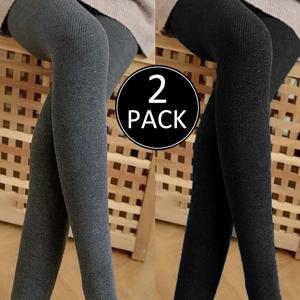 TEMU 2팩 여성용 하이웨이스트 풀 레그 타이츠 - 부드럽고 통기성 좋은 비침 방지 복부 컨트롤 레깅스, 그레이 & 블랙 사계절용 캐주얼 & 파티웨어, 손세탁 가능한 미디엄 스트레치 풀 레그 팬티스타킹|반바지