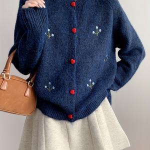 TEMU 여성용 일본 한국 스타일 우아한 겨울 블라우스 - 부드러운 중탄성 자수 꽃 버튼 프론트 플래킷 스웨트 재킷, 포근한 가을 겨울 아우터웨어, 라운드넥 긴팔 블라우스 (가슴 패드 없음)