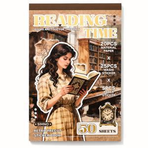 TEMU 사람들이 읽는 스티커북, 스크랩북용 종이 20장, 프리컷 와시 스티커 25개 & 종이 스티커 5개, 저널링, 스크랩북, 불렛저널, 플래너, 다이어리, 스크랩북 용품 키트, 성인용 공예 예술, 저널링 용품,다이어리 장식품,예술적 디자인,장식용 와시,자체 접착 스티커,스크랩북 키트,스크랩북 애호가들,성인 저널링