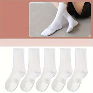 TEMU 여성용 긴 튜브 양말 5켤레, 블랙 앤 화이트, 단색, 활용도 높은 캐주얼 스포츠 양말, 커플에게 적합.