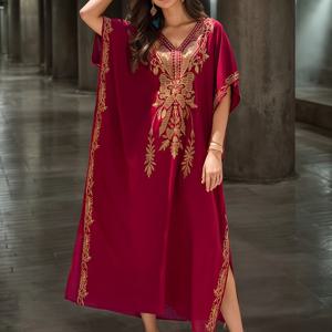 TEMU 플러스 사이즈 자수 카프탄 드레스, 캐주얼 박쥐소매 V넥 스플릿 맥시 드레스, 여성 플러스 사이즈 의류