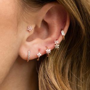 TEMU 여성용 골드 도금 후프 귀걸이 세트 - 6pcs 패션 구리 연골 피어싱 주얼리, 핑크 지르코니아 스터드, 꽃 & 클래식 디자인|피어싱