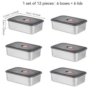 TEMU 6개 6박스 + 6뚜껑 스테인리스 보관용기, 밀폐 및 누수 방지 식품 보관 세트, 냉장고 신선 보관, 레스토랑 및 주방용, 식기세척기 및 오븐 안전, 야외 캠핑에 적합|냉동고|캠핑냉장고