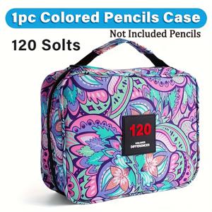 TEMU 1개 120슬롯 컬러 연필 케이스 - 지퍼 클로저가 있는 가벼운 캔버스 필통, 아티스트용 멀티레이어 정리함, 수채화 펜 & 마커 보관 (핑크 퍼플 플로럴 디자인), 귀여운 필통, 미술 용품 보관, 내구성 좋은 트윌 소재|필통