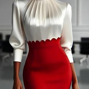 TEMU 여성용 우아한 화이트 퍼프 슬리브 블라우스 - 하이넥 러플 칼라 & 허리 슬림 숏 재킷 스타일 버튼 프론트 셔츠, 구조적 루즈핏 사계절 캐주얼 & 포멀 웨어, 세탁기 사용 가능 (스트레치 없음)