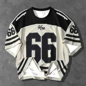 TEMU 남성용 플러스 사이즈 3D 프린트 반팔 티셔츠, 패션 캐주얼 66 번호 문자 프린트, 통기성이 좋은 라운드 넥 탑, 투명하지 않음, 다용도, 편안하고 가벼움