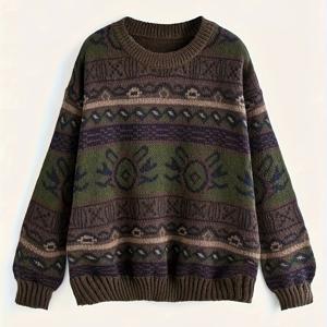 TEMU 여성용 레트로 기하학 컬러블록 스웨터 - 라운드넥, 루즈핏 & 우산형 밑단, 가을/겨울 캐주얼 웨어 소프트 긴팔 풀오버, 어스톤