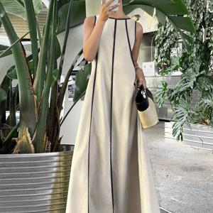 TEMU 여성용 우아한 베이지 & 블랙 대비 드레스 - 파티, 사무실, 휴가용 긴 포멀 캐주얼 가운 - 세탁기 사용 가능 논스트레치 파티 원피스