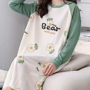 TEMU 여성용 귀여운 만화 꽃무늬 프린트 긴팔 잠옷 - 부드러운 라운드 넥 캐주얼 파자마 봄 & 가을용, 가벼운 폴리에스터 잠옷 청소년 & 성인용, 귀여운 잠옷, 편안한 잠옷, 재미있는 디자인, 부드러운 원단