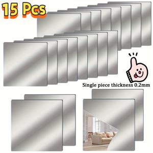 TEMU 15개 자가 점착 벽 거울 타일 - 0.2mm 두께의 유연한 유리 미러 시트, 20x20cm 단일 거울 크기, 깨지지 않는 아크릴 벽 스티커, 홈 데코용, 수직 사각형 디자인, 거울 벽 장식, 클래식 스타일