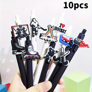 TEMU 10개 세트 - 수월한 필기감의 하키용품: 선수, 스틱, 골대가 그려진 블랙 & 레드 디자인 젤펜 (내구성 있는 플라스틱) - 사무실/학교에 적합 / 아이스하키 팬·선수·코치를 위한 생일/크리스마스 선물 · 휴일 선물 · 팀원을 위한 문구류