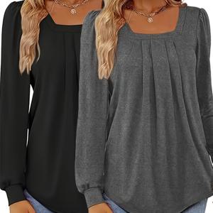 TEMU 여성용 캐주얼 긴팔 티셔츠 2개 세트 - 부드럽고 기계 세탁 가능, 단색 러치 디테일, 봄 & 가을에 완벽, 일상 및 홈웨어, 매일 착용 가능한 티셔츠 | 러치 텍스처 탑 | 여성용 매끄러운 질감 원단, 튜닉 탑, 여성용 긴팔 탑, 여성용 루즈 플리츠 셔츠, 주름 없는 블라우스, 여성용 사각 넥 루즈핏, 스타일리시한 여성용 탑