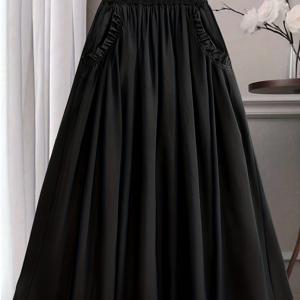 TEMU 플러스 사이즈 - 여성용 플러스 사이즈 시즌 디자인 스커트, 집게 허리, 러플 엣지, 포켓, 플로잉 롱 실루엣.