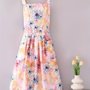 TEMU 여성용 긴 앞치마 - 핑크/보라색 플로럴 프린트, 조절 가능한 허리 끈이 있는 신축성 없는 원단, 주방, 레스토랑, 카페, 야외용 - 홈쿡 및 전문 요리사를 위한 이상적인 선물, 카페 유니폼, 러플 소매, 내구성 있는 소재