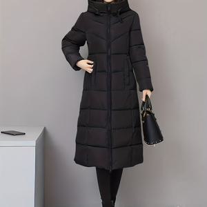 TEMU 여성용 블랙 겨울 후드 자켓 - 한국 스타일 슬림핏 H라인 코트, 후드 & 우산 밑단, 두꺼운 중간 허벅지 길이, 칼라 & 블랙 파이핑 스타일 트림 (신축성 없음), 추운 날씨, 출퇴근 또는 정장 이벤트용