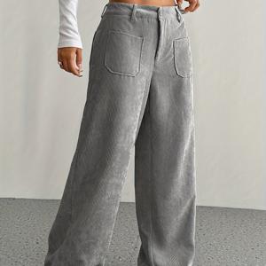 TEMU 여성용 그레이 코듀로이 하이웨이스트 와이드 레그 팬츠 - 다용도 포켓, 벨트 없는 허리 (지퍼 없음), 핸드워시 가능한 코듀로이 소재, 가을/겨울 캐주얼 & 프로페셔널 룩 (텀미 컨트롤, 연중 착용 가능)