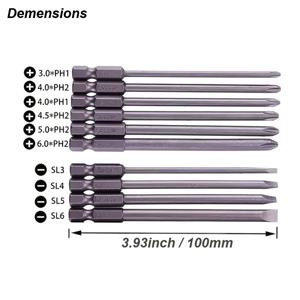 TEMU 10pcs 긴 스크류 드라이버 비트 세트, 슬롯 SL3 SL4 SL5 SL6 필립스 / 크로스 PH1 PH2, 1/4 인치 헥스 샹크 S2 강철 자석 드라이버 비트 세트, 파워 스크류 드라이버 드릴 충격 드라이버용