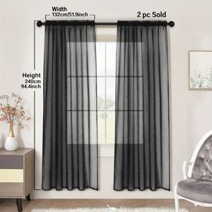 TEMU 2개, 검정색 반투명 커튼 실 커튼, 현대적이고 간단한 스타일의 단색 시폰 커튼, 부유하는 창문, 발코니 및 문 장식용 홈 데코