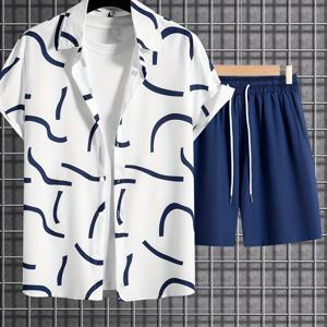 TEMU 남성용 2피스 캐주얼 여름 휴가 복장 세트, 남성용 추상 랜덤 프린트 반팔 라펠 셔츠와 단색 조정 가능한 반바지 세트