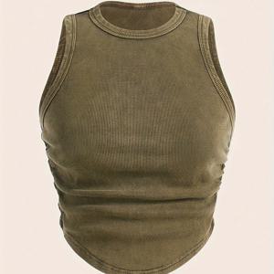 TEMU 여름 빈티지 솔리드 컬러 플리츠 조끼