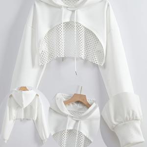 TEMU 여성용 시크한 단색 후드티 메쉬 패널 디테일 - 캐주얼 긴팔, 봄/여름/가을용 폴리에스테르 크롭탑 - 스타일리시하고 편안한 끈 조절 후드, 오버사이즈 후드티|크롭티