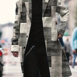 TEMU 남성 기하학적 프린트 트렌치 코트, 가벼운 비즈니스 캐주얼 재킷, 따뜻한 겨울 코트, 칼라, 가을/겨울 컬렉션