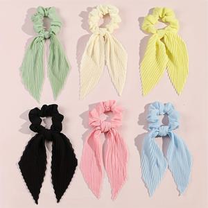 TEMU 6개/세트 캔디 컬러 토끼 귀 리본 플리츠 헤어 타이, 데이지 보우 대장식 머리끈, 레트로 프렌치 스타일 귀여운 여아용 패션 헤드웨어