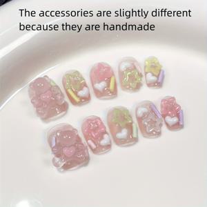 TEMU 10개 손수 만든 짧은 핑크 그라데이션 달콤하고 귀여운 곰 아이스-투명한 짧은 착용 가능한 손톱, 분리 가능한 네일 아트.|네일아트