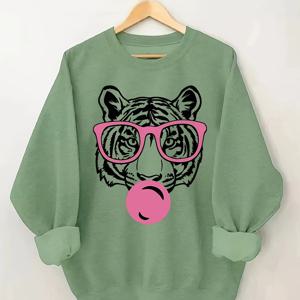 TEMU 호랑이 프린트 긴팔 스웨트셔츠, 가을과 겨울을 위한 크루넥 캐주얼 스웨트셔츠, 여성 의류