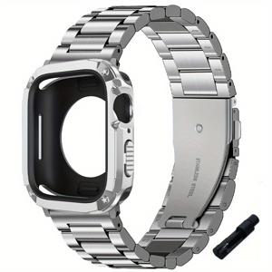 TEMU TPU 케이스 및 밴드 (워치 시리즈 40mm, 44mm, 45mm, 41mm, 49mm, 38mm, 42mm 호환). 스테인리스 스틸 밀라네제 루프 팔찌, 스크린 보호 필름 없는 교체형 스트랩. 워치 울트라 9, 8, 7, 6, SE, 5, 4, 3, 2, 1 호환