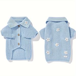 TEMU 1개 소프트 니트 애완동물 스웨터, 꽃무늬 단추 클로저 - 사계절용 코지 가디건, 핑크 & 화이트 트림 디자인, 내구성 있고 편안한 반려견 의류, 세부 스티칭, 통기성 원단, 고양이 옷, 고양이 애호가를 위한