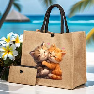 TEMU 2개 세트, 두 마리 포옹하는 새끼 고양이 토트백과 메이크업 파우치 세트, 휴가 스타일 레터 디자인 쇼핑용 아웃핏 삼베 토트백 세트: 미니 동전 지갑이 있는 가벼운 쇼핑백