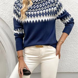 TEMU 여성용 네이비 & 화이트 튜닉 스웨터 - 우아한 하이넥 케이블 조형 패턴 (무봉제) 칼라, 사계절 다용도 스웨터 (업무 & 캐주얼 웨어), 다크 네이비 스웨터 재킷 또는 드레스 액센트 - 손세탁/클리닝, 여성용 스웨터,여성용 스웨터,여성용 가을 스웨터