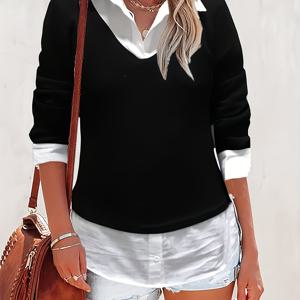 TEMU 플러스 사이즈, 플러스 사이즈 우아한 모크 투피스 & 셔츠 재킷 - 칼라 화이트 대비 트림, 구조적 칼라 셔츠, 사무실 및 반정장 이벤트용 세탁기 사용 가능 겨울 코트 (드라이클리닝 금지)